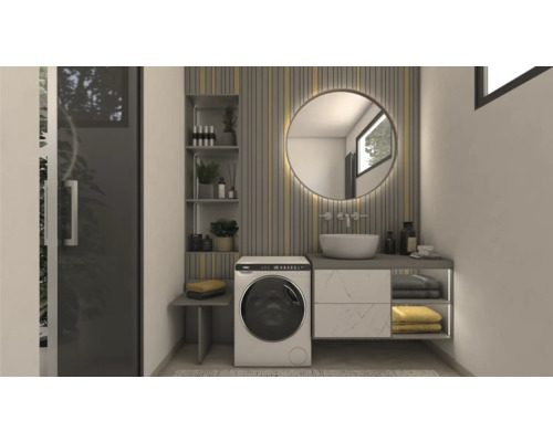 Badezimmer mit Waschmaschine, Spiegel und Waschtisch