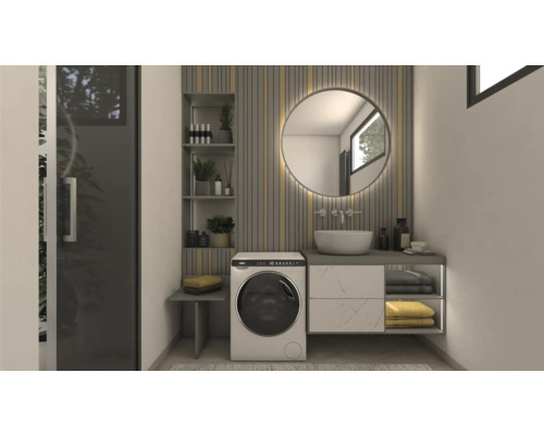 Helles Badezimmer mit Waschmaschine, rundem Spiegel, Waschbecken und Regalen
