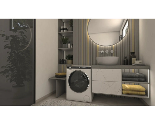 Badezimmer mit Waschmaschine, Waschbecken, Spiegel und Regalen für ein modernes und organisiertes Ambiente