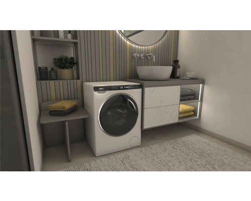 Modernes Badezimmer mit Waschmaschine, Waschbecken und Ablageflächen