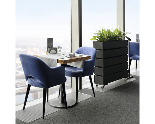 Restaurantbereich mit Tisch, Stühlen und Pflanzenkübel