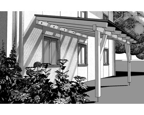 Illustration einer Holzpergola an einem Haus mit Pflanzen im Vordergrund.
