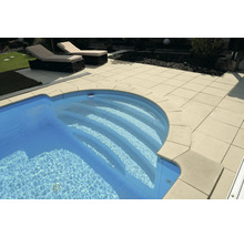 Pool mit Steintreppe und Liegestühlen im Garten