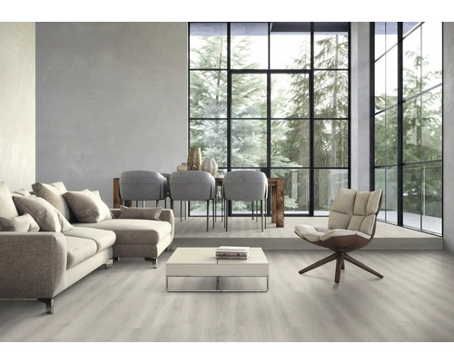 Heller Wohnraum mit Sofa, Stühlen, Tisch und großem Fenster mit Blick auf Bäume.