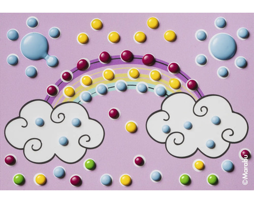 Illustration eines Himmels mit Regenwolken, einer Sonne und einem Regenbogen