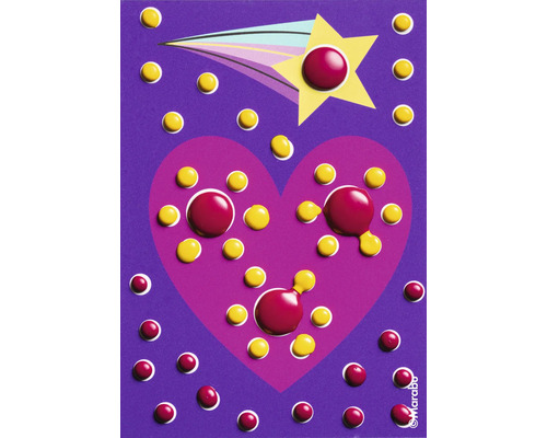 Dekorative Malerei mit Herz, Stern und Punkten auf einem lila Hintergrund