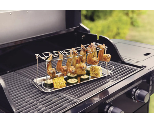 Grill mit Hähnchenflügeln und Gemüse im Halter
