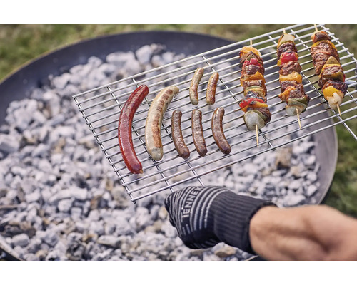 Grillgut auf einem Grillrost über Holzkohle, darunter Würstchen und Schaschlikspieße.