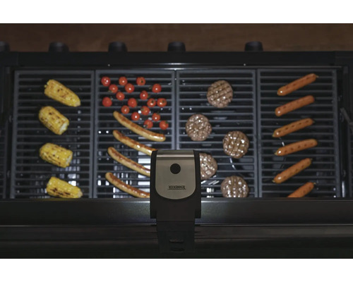 Grill mit Maiskolben, Würstchen, Tomaten und Burger-Patties