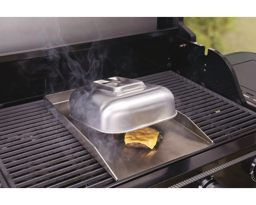 Grill mit Grillplatte, Burger, Käse und Abdeckhaube