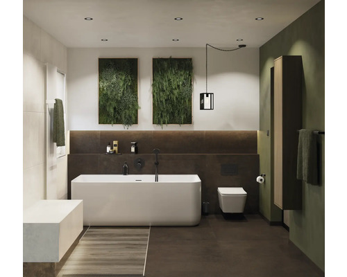 Badezimmer mit Badewanne, Toilette, Waschtisch und Wanddekoration mit Pflanzen