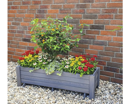 Blumenkasten aus Holz mit bunten Blumen und Pflanze vor einer Ziegelwand