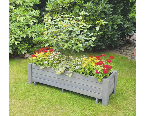 Holzblumenkasten mit verschiedenen Blumen im Garten.