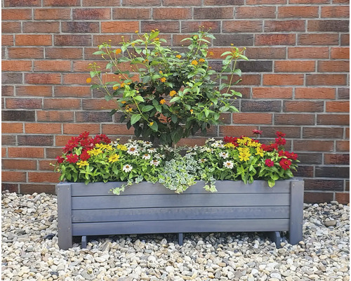 Rechteckiger Pflanzkasten aus Holz mit verschiedenen Blumen bepflanzt vor einer Ziegelmauer