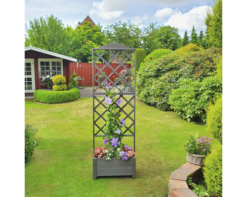 Blumenkasten mit Rankgitter im Garten