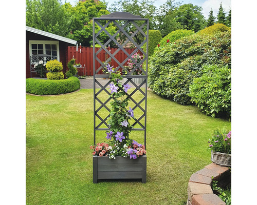 Blumenkasten mit Rankgitter auf einer Rasenfläche im Garten.