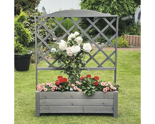 Blumenkasten mit Rankgitter im Garten