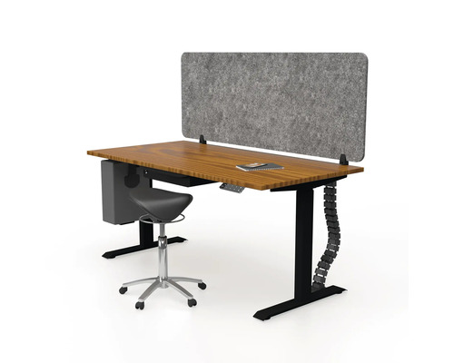 Höhenverstellbarer Schreibtisch mit Trennwand, Kabelkanal und Bürohocker