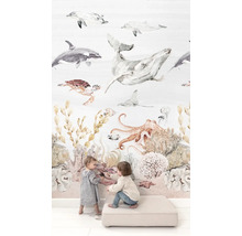 Tapete mit Meeresmotiven, darunter Wale, Delfine, Schildkröten, Oktopusse und Korallen