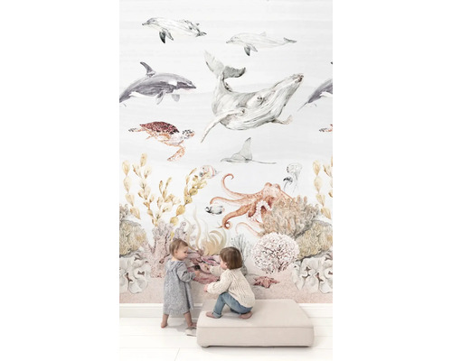 Tapete mit Meeresmotiven, darunter Wale, Delfine, Schildkröten, Oktopusse und Korallen