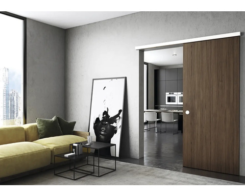 Wohnzimmer mit Schiebetür und Küchenbereich im Hintergrund.