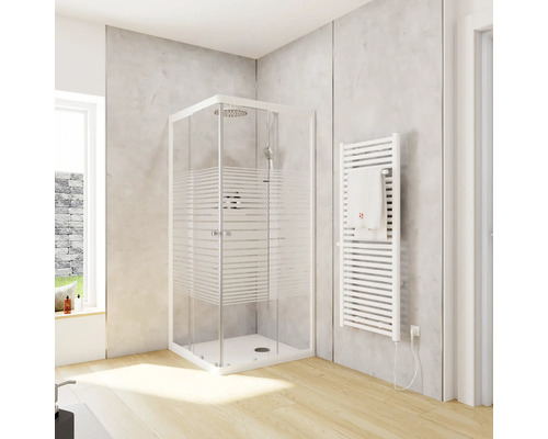 Eckeinstieg mit Gleittür/Schiebetür SCHULTE Sunny ExpressPlus 75 - 90 cm x 175 cm Profil weiß Glasdekor Querstreifen Türanschlag links Türanschlag rechts Badezimmer mit Duschkabine und Heizkörper