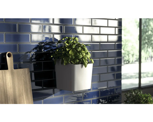 Wand mit rechteckigen Fliesen, Kräutertopf und Schneidebrett