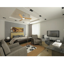 Helles Wohnzimmer mit Deckenventilator, Bett und Arbeitsbereich
