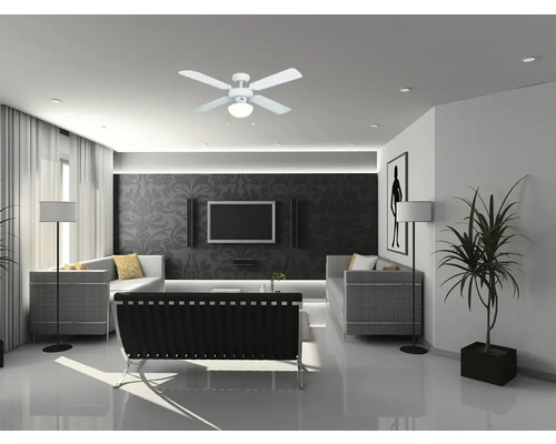 Wohnzimmer mit Deckenventilator und Beleuchtung