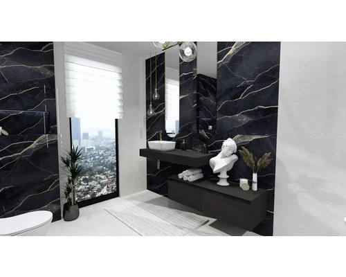 Modernes Badezimmer mit schwarzem Marmor, Waschtisch und großem Fenster