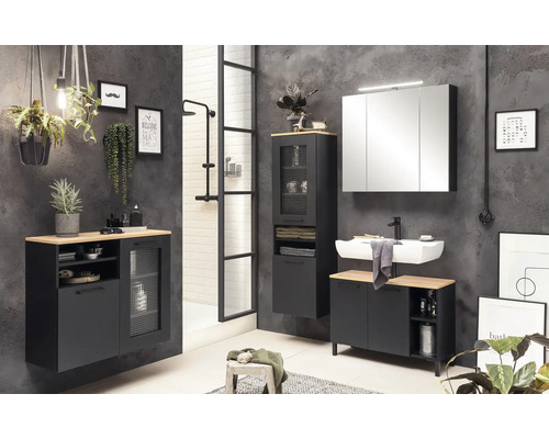 Modernes Badezimmerensemble mit Waschbecken, Spiegelschrank und Unterschränken in dunkler Optik.