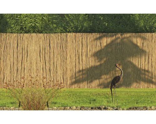 Gartenszene mit Sichtschutzzaun aus Schilfrohr und Dekofigur Storch auf einer Rasenfläche