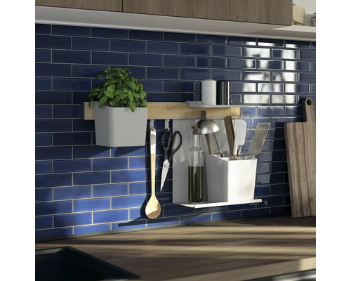 Küchenrückwand mit Küchenutensilien und Kräutertopf an einer Hängeleiste