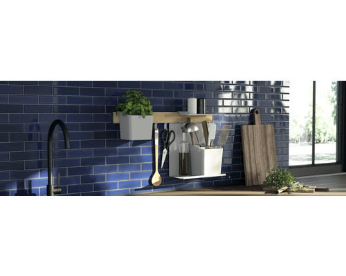 Küchenszene mit blauen Fliesen, Spüle, Kräutern und Küchenutensilien.