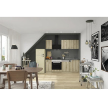 Helles Esszimmer und Küche mit Esstisch, Stühlen, Küchenzeile, Kühlschrank und Dekoration
