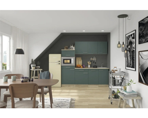 Optifit Küchenzeile mit Geräten Savona405 210 cm grün matt zerlegt Variante reversibel