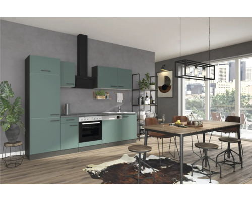 Optifit Küchenzeile mit Geräten Verona405 270 cm grün matt zerlegt Variante reversibel