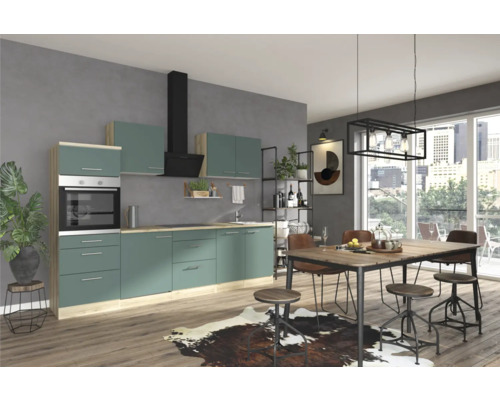 Optifit Küchenzeile mit Geräten Savona405 270 cm grün matt zerlegt Variante reversibel