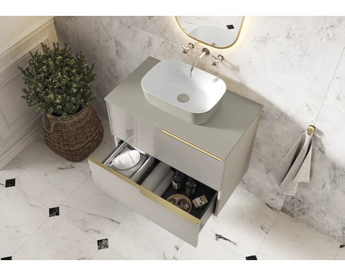 Modernes Badezimmer mit Waschtischunterschrank, Aufsatzwaschbecken und offenem Schubfach zur Aufbewahrung