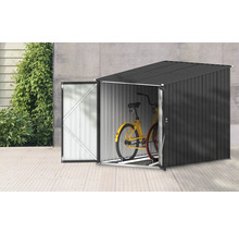 Fahrradgarage aus Metall mit geöffneter Tür und zwei Fahrrädern
