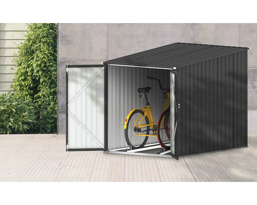 Fahrradgarage aus Metall mit geöffneter Tür und zwei Fahrrädern