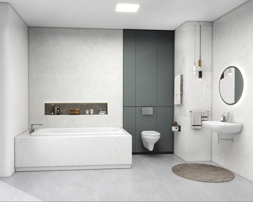 Modernes Badezimmer mit Badewanne, Toilette, Waschbecken und Spiegel