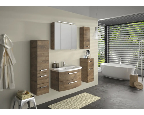 Badezimmer mit Waschtischunterschrank, Spiegelschrank und Hochschrank in Holzoptik