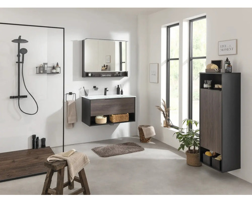 Badezimmer mit Waschtisch, Spiegelschrank, Hochschrank und Dusche in modernem Design