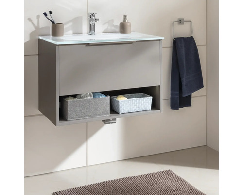 Waschtisch mit Schublade, Ablage und Handtuchhalter im Badezimmer