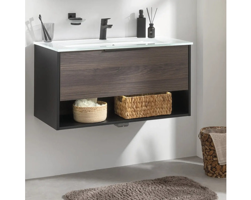 Waschtisch mit Schublade und offenem Fach zur Aufbewahrung im Badezimmer