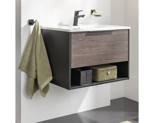 Waschtischunterschrank mit Schublade, Ablagefläche, Armatur und Handtuch