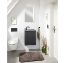 Modernes Badezimmer mit hängendem WC, Waschtischunterschrank, Spiegel und Teppich