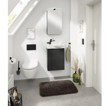Badezimmer mit Toilette, Waschtisch, Spiegelschrank und Badteppich in einem hellen Raum