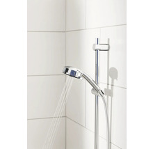 Handbrause mit Brauseschlauch und Wandhalterung im Badezimmer